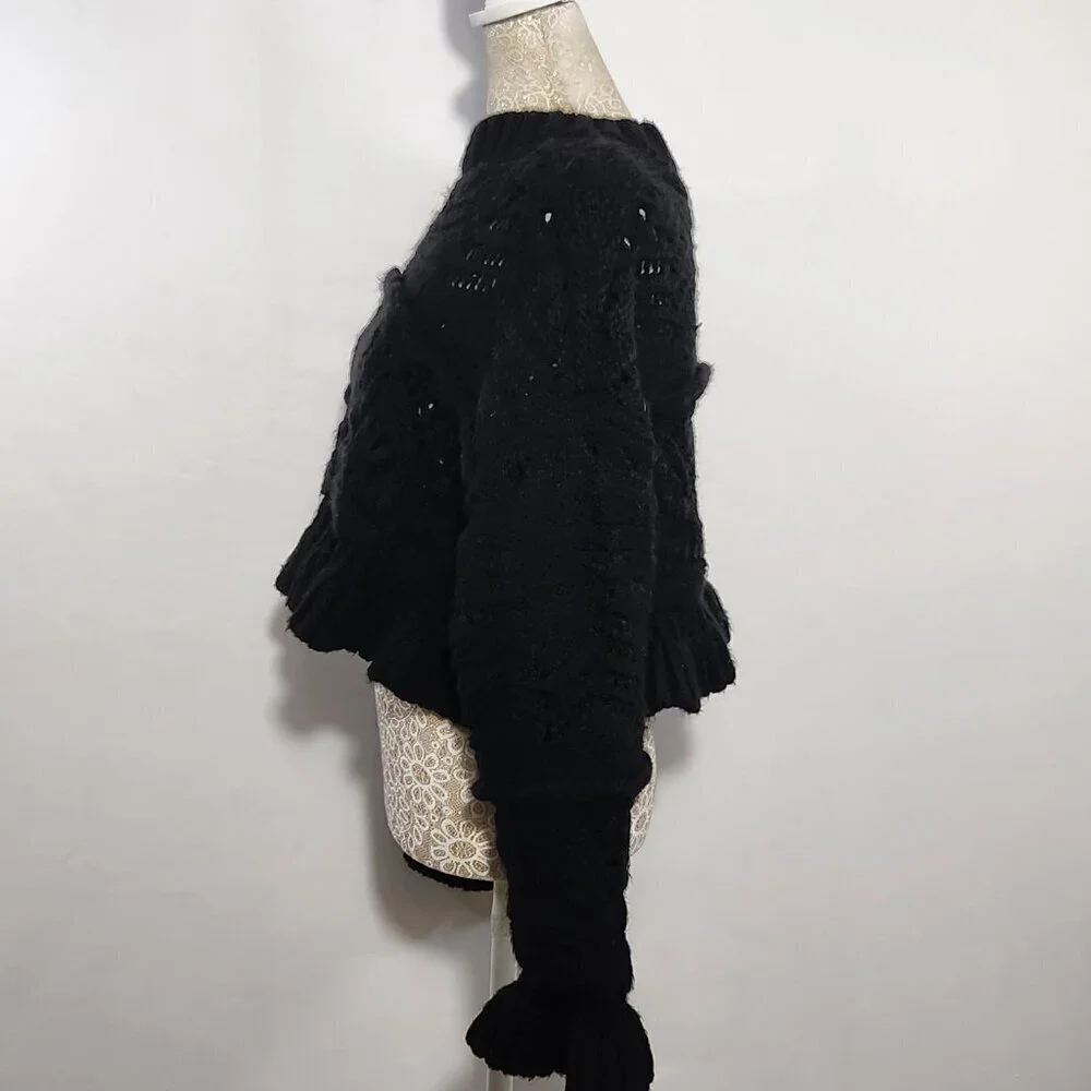 Zara Women's Size S Black Chunky Knit Bell Sleeve Open Weave Cropped Sweater